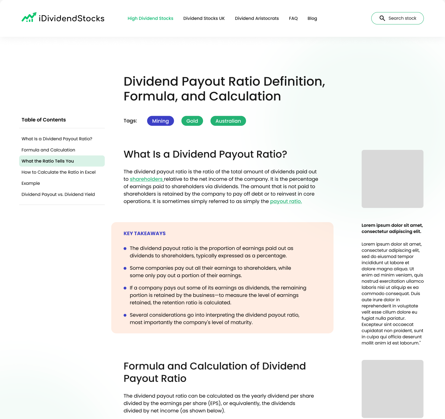 Article page with table of contents and key takeaways